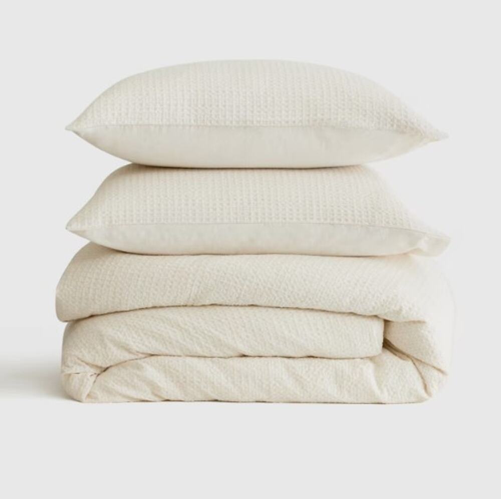 NEW Quince QUEEN  Organic Luxe Honeycomb Duvet Set Cover + Shams Undyed